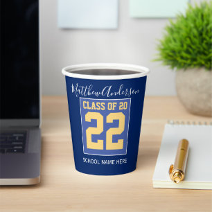 Gobelets En Papier Classe de 2022 Elégant Royal Blue & Gold Graduatio