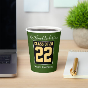 Gobelets En Papier Classe de 2022 Moderne Green Black & Gold Graduati