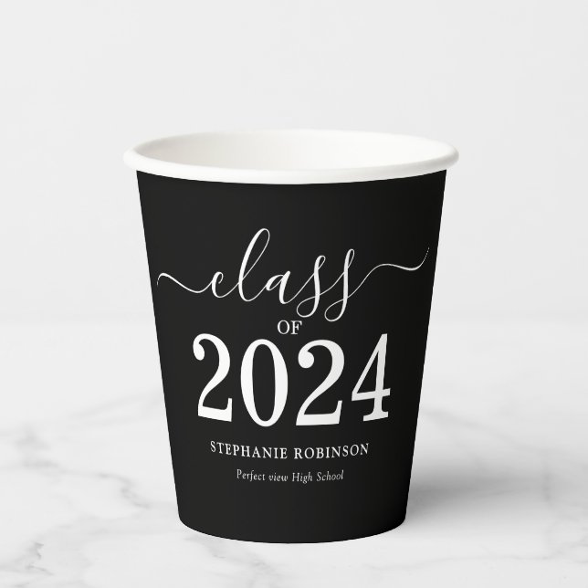 Gobelets En Papier Classe de 2024 Black White Graduation Party (Recto)