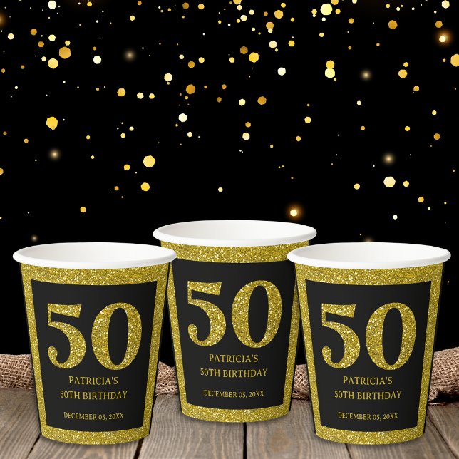 Gobelets En Papier Classy Black and Gold Parties scintillant 50e fête (Classy Black Gold Glitter 50th Birthday Party suppies -paper cups for milestone birthday party)