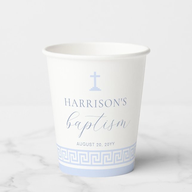 Gobelets En Papier Clé grecque Baptême Bleu Blanc (Verso)
