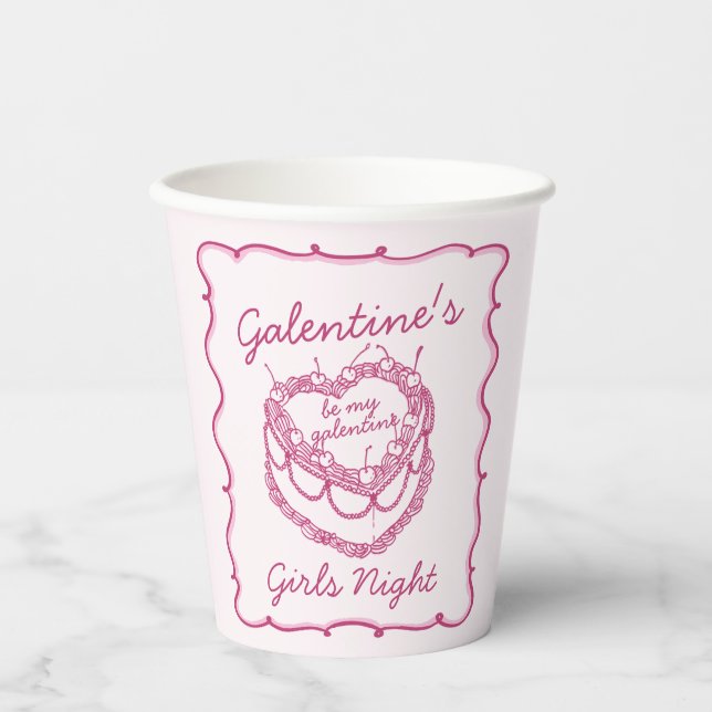 Gobelets En Papier Coeur rose rétro Coquette gâteau cerise Galentines (Recto)