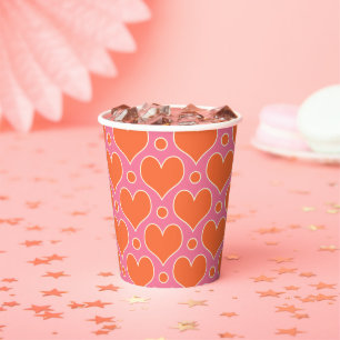 Gobelets En Papier Coeurs d'amour et motif Pois en rose, orange