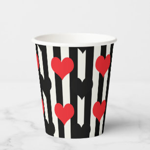 Gobelets En Papier Coeurs Noirs Rouges Sur Bandes Blanches Noires