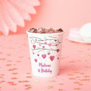 Gobelets En Papier Coeurs rouges roses Chérie Anniversaire