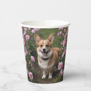 Gobelets En Papier "Compagnie de charme : Un Corgi dans un jardin ros