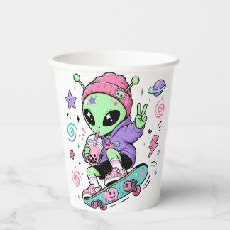 Gobelets En Papier Conception de Bubble Tea Alien Skateur Kawaii