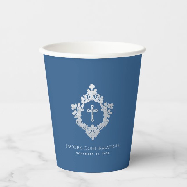 Gobelets En Papier Confirmation de garçon Classic Croix Bleue Crest V (Recto)