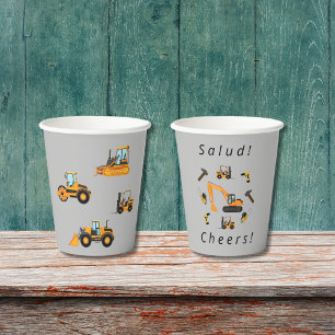 Gobelets En Papier Construction gris Thème Anniversaire Garçon Biling