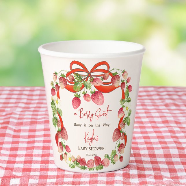 Gobelets En Papier Coquette à ruban de fraise baby shower (Strawberry ribbon bow coquette berry sweet baby shower customized paper cups personalized decor)