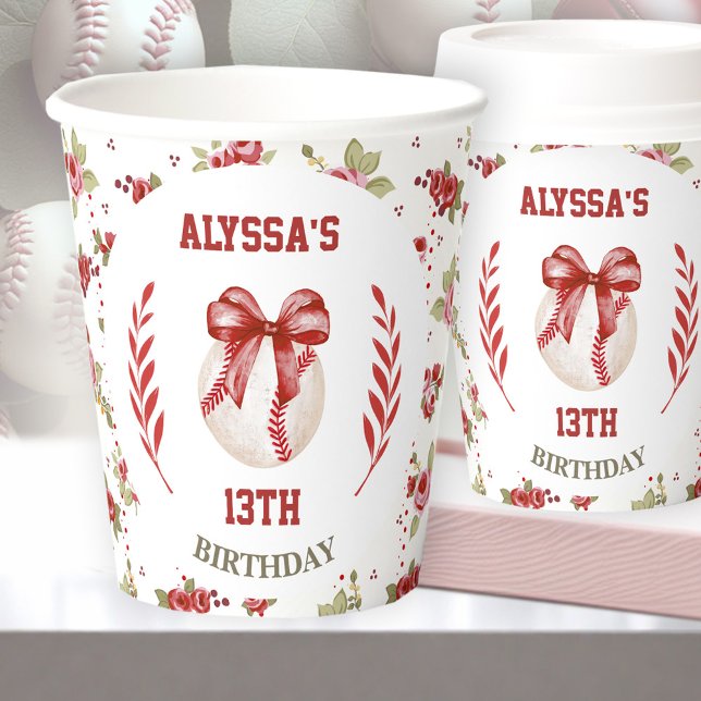 Gobelets En Papier Coquette Baseball Red Bow Floral (Coquette Baseball Red Bow Floral Modern Birthday Paper Cups)