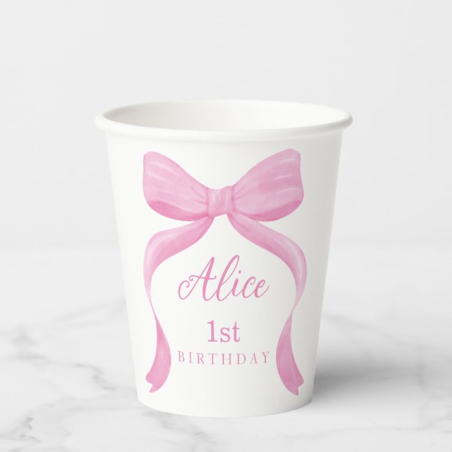 Gobelets En Papier Coquette Pink Bow First Birthday Paper Cups (Recto)