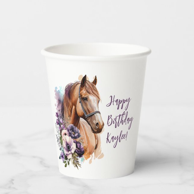 Gobelets En Papier Coupe d'anniversaire de cheval aux fleurs violette (Recto)