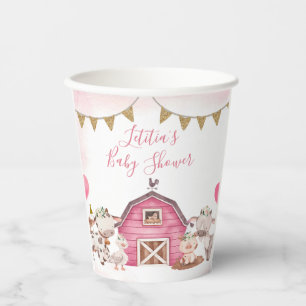 Gobelets En Papier Coupe de papier de Baby shower de ferme rose fille