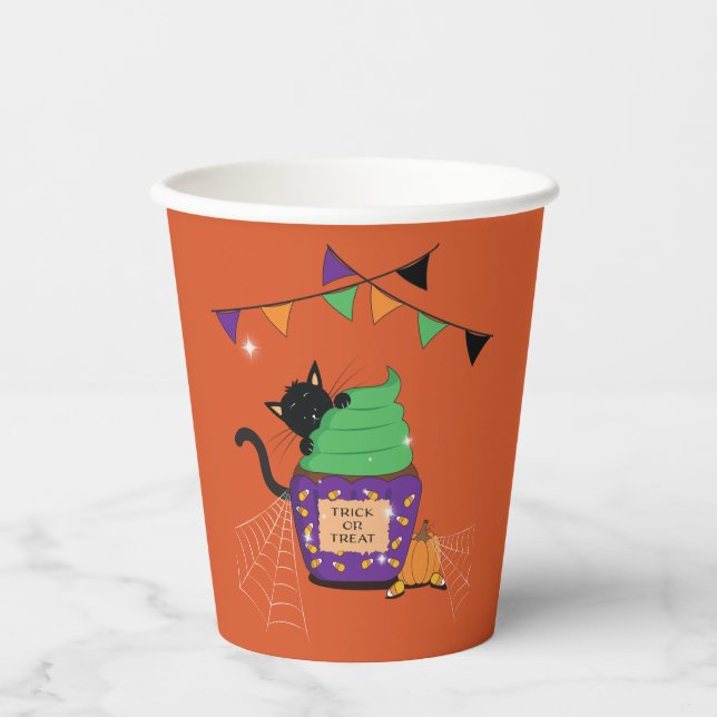 Gobelets En Papier Coupe de papier orange Halloween Chat noir mignon (Recto)