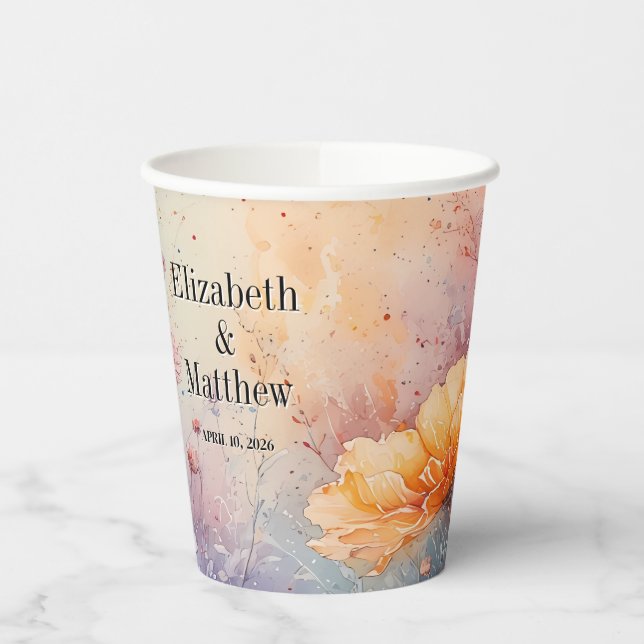 Gobelets En Papier Coupe papier avec Fleurs aquarelles + Noms + Date (Gauche)