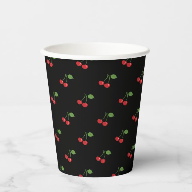 Gobelets En Papier Coupe Retro Cerries Motif de papier noir (Recto)