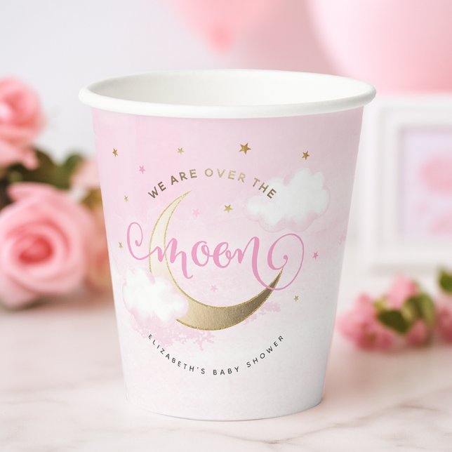 Gobelets En Papier Coupes de papier rose sur la lune (Pink Over the Moon Baby Shower Paper Cups
#OverTheMoon)