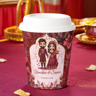 Gobelets En Papier Couple de mariés indiens bordeaux dessin animé per