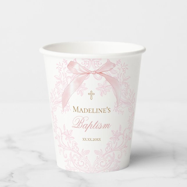 Gobelets En Papier crête rose aquarelle | Baptême (Recto)