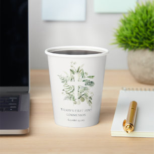 Gobelets En Papier Croix du feuillage Eucalyptus Première communion s