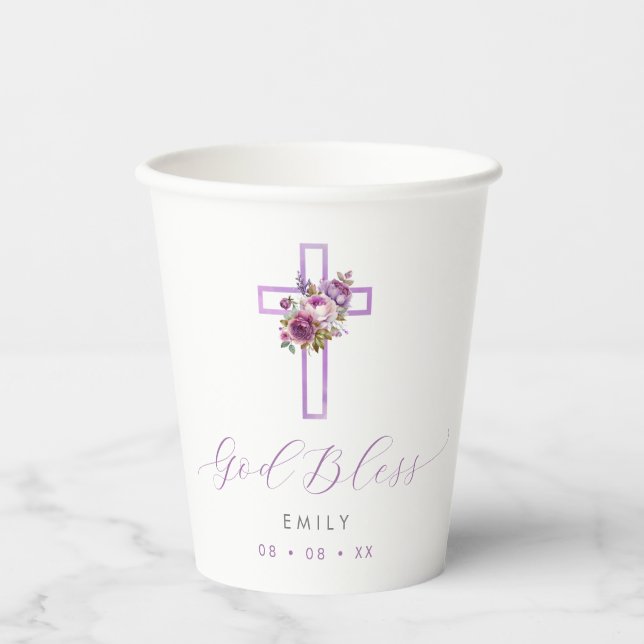 Gobelets En Papier Croix florale violette Dieu béni Baptême (Recto)