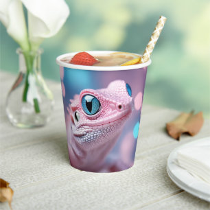 Gobelets En Papier Cuisine Petit Lézard Rose aux Grands Yeux Bleus