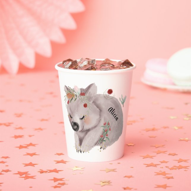 Gobelets En Papier Cute Baby Wombat Gold Speckle Nom personnalisé (Insitu)