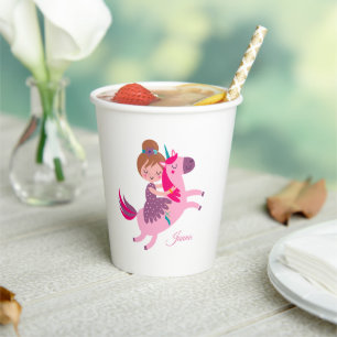 Gobelets En Papier Cute Blondie Haired Girl équitation sur une licorn