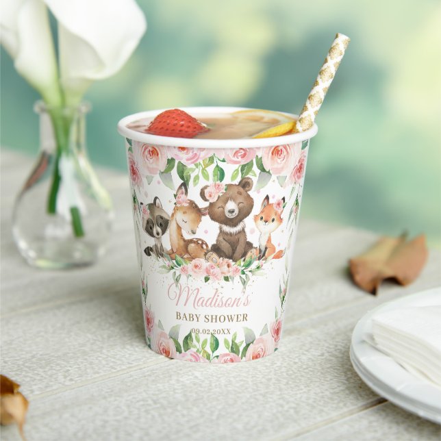 Gobelets En Papier Cute Bois Animaux Rose Floral Girl Baby shower (Insitu)