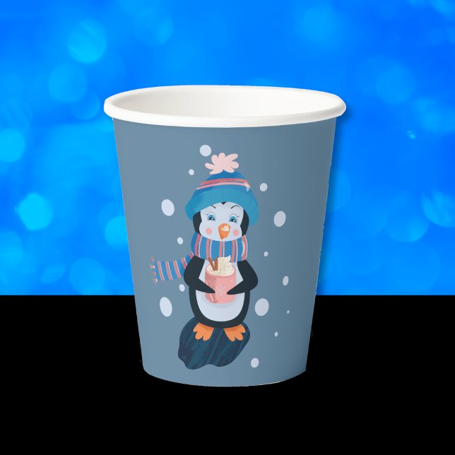Gobelets En Papier Cute Cartoon Penguin with Hot Cocoa Blue Paper Cup (Cute cartoon penguin with hot cocoa blue paper cup .)
