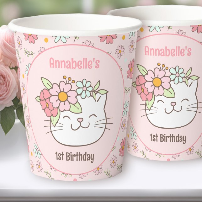 Gobelets En Papier Cute Chat Kitten Floral Rose Girl 1er anniversaire (Cute Cat Kitten Floral Pink Girl 1st Birthday Paper Cups)