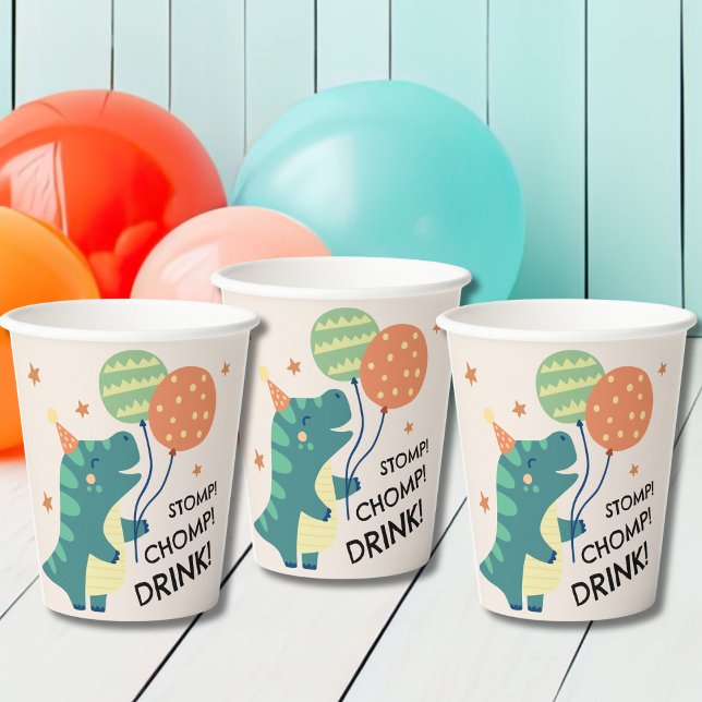 Gobelets En Papier Cute Dinosaur Stomp Chomp Boire Anniversaire (Créateur téléchargé)