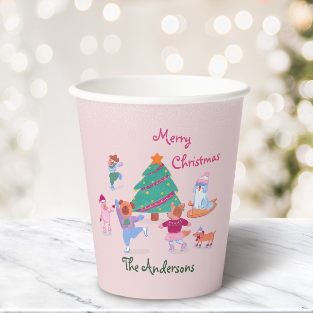 Gobelets En Papier Cute Dog Ice Skating Name Pink Christmas Party (Créateur téléchargé)