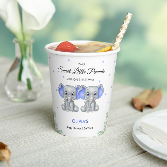 Gobelets En Papier Cute Elephant Blue Twin Boys Baby shower (Insitu)
