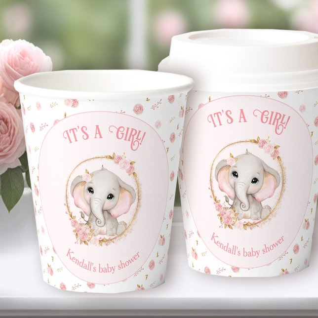 Gobelets En Papier Cute Eléphant Fleurs Roses Coupes de papier Baby s (Cute Elephant Pink Flowers Baby Shower Paper Cups)