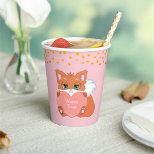 Gobelets En Papier Cute Fox & Golden Confetti en rose