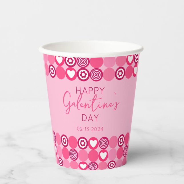 Gobelets En Papier Cute Galentine's Day Coeur rose et Motif de fleurs (Recto)