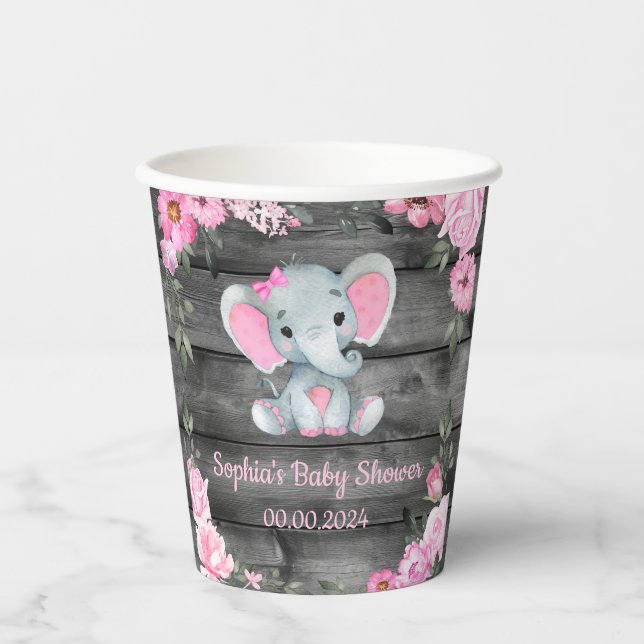 Gobelets En Papier Cute Girl Elephant Floral Baby shower Coupes en pa (Recto)