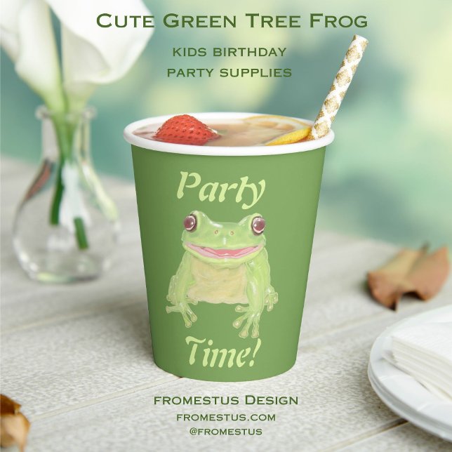 Gobelets En Papier Cute Green Tree Frog - Fête Heure! texte. (Créateur téléchargé)