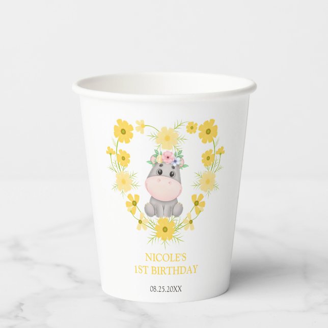 Gobelets En Papier Cute Hippopotamus Coeur de Fleur Jaune 1er Anniver (Verso)