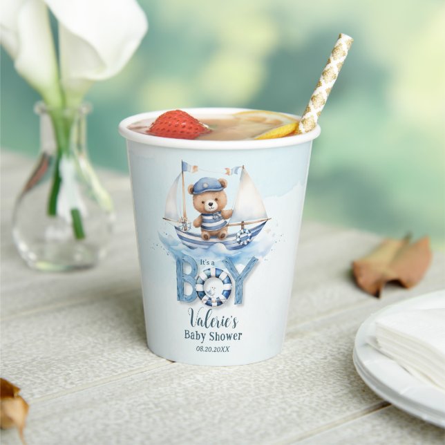 Gobelets En Papier Cute Nautical Blue Boat Teddy Bear Boat Baby showe (Insitu)