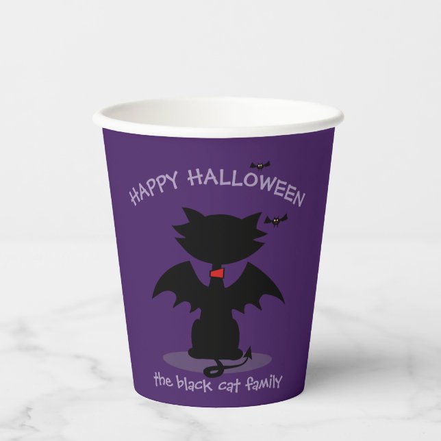 Gobelets En Papier Cute Noir Chat Bat Enfants Halloween Party Purple (Recto)