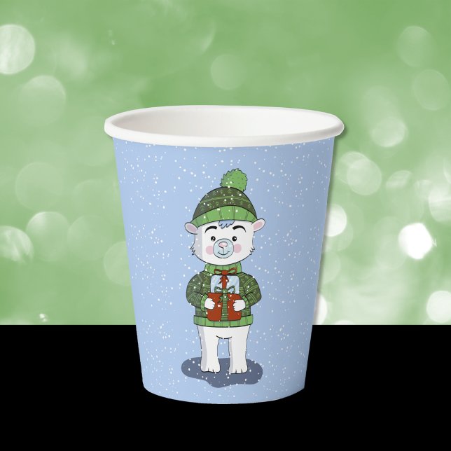 Gobelets En Papier Cute Ours Polaire avec Cadeaux Coupe Blue Holiday  (Cute polar bear blue kid friendly Christmas party paper mug .)