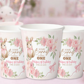 Gobelets En Papier Cute Pink Floral Some Bunny Turning One Birthday 