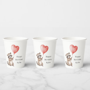 Gobelets En Papier Cute Raccoon Animal Heart Balloon Anniversaire