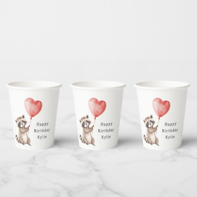 Gobelets En Papier Cute Raccoon Animal Heart Balloon Anniversaire (Multi)