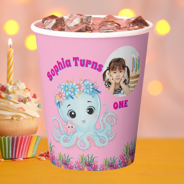 Gobelets En Papier Cute Whimsical Floral Octopus Girl Photo Anniversa (Créateur téléchargé)