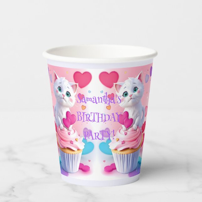 Gobelets En Papier Cute White Kitty & Cupcake Fille Anniversaire (Recto)