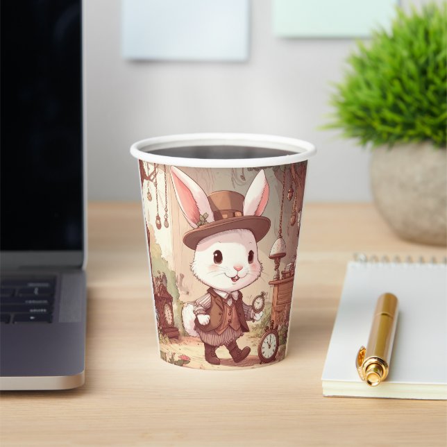 Gobelets En Papier Cute White Rabbit Wonderland Whimsical Timekeeper (Insitu)